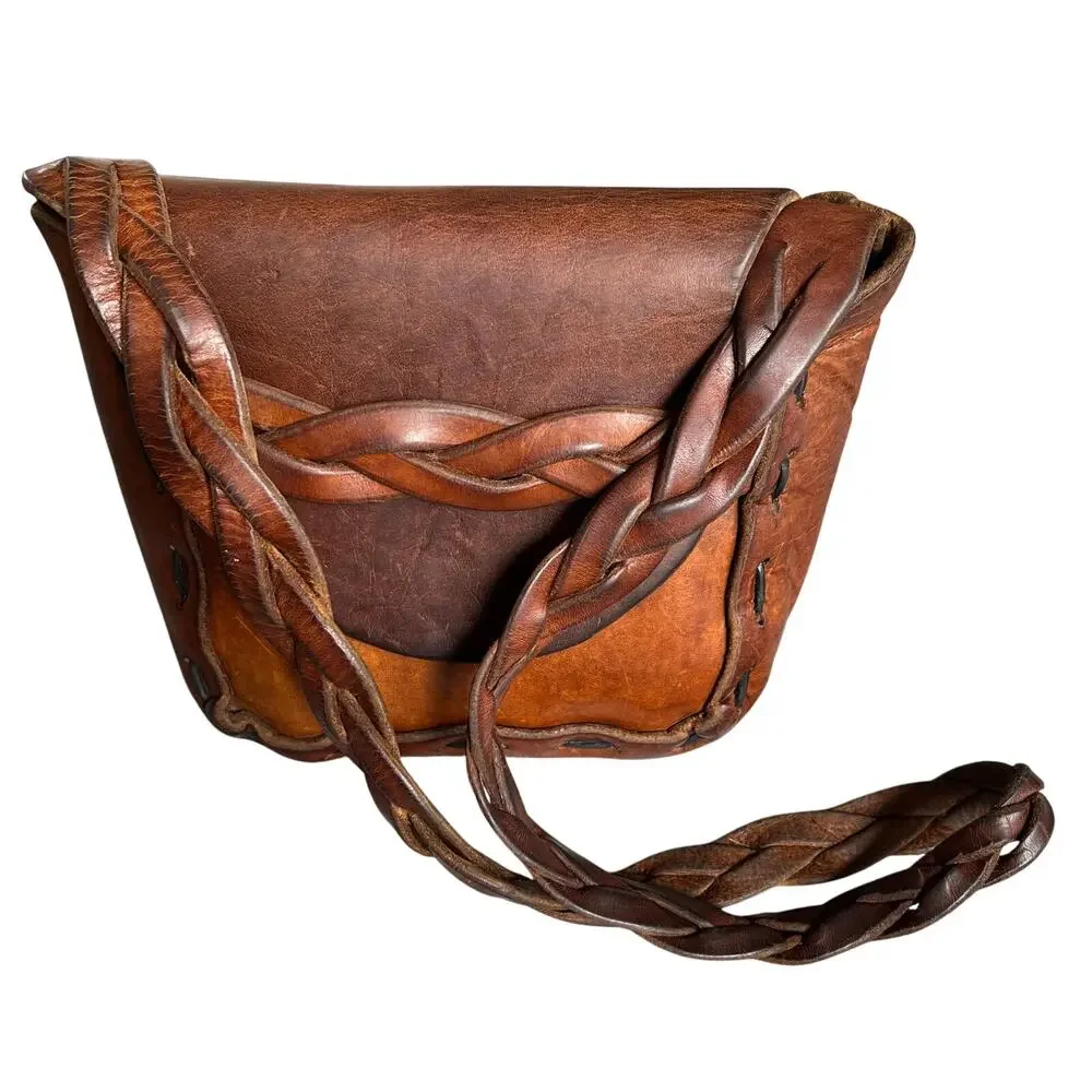 Vintage Brown Leather Shoulder Bag Braided Strap Boho Hippie